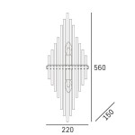 Reykjavik kinkiet 2-punktowy W02073CP w kształcie diamentu. Wymiary 560 mm wysokości i 220 mm szerokości. Wykonany z prostokątnych, pionowych elementów, w kolorze chromu. Otwory na żarówki umieszczone symetrycznie w centralnej części.