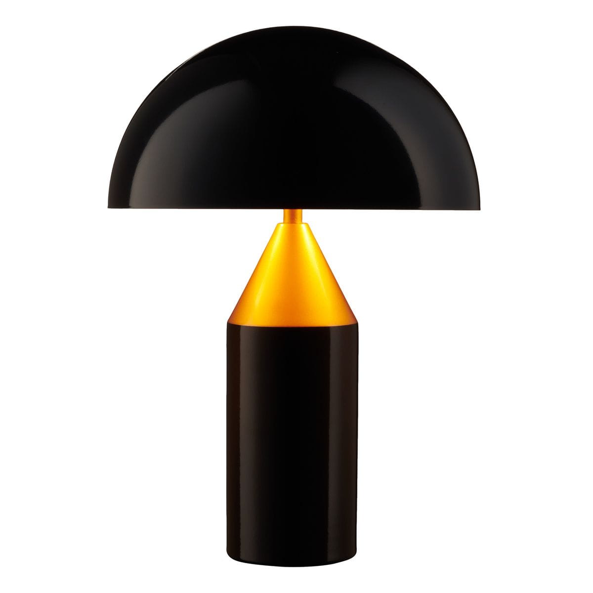 Lampa stołowa Belfugo H40 w kolorze czarnym i złotym. Posiada okrągły klosz oraz stożkowaty element w złotym kolorze. Ustawiona w pozycji stojącej, z widocznym detalem łączenia podstawy i klosza. Idealna do nowoczesnych wnętrz.