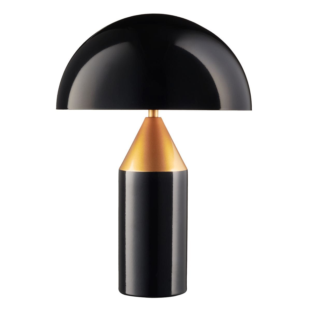 Lampa stołowa Belfugo H40 w kolorze czarnym i złotym, z dwuczęściowym kloszem w kształcie półkuli oraz cylindrycznym trzonem. Klosz wykonany z błyszczącego materiału, z metalicznym wykończeniem w części łączącej.