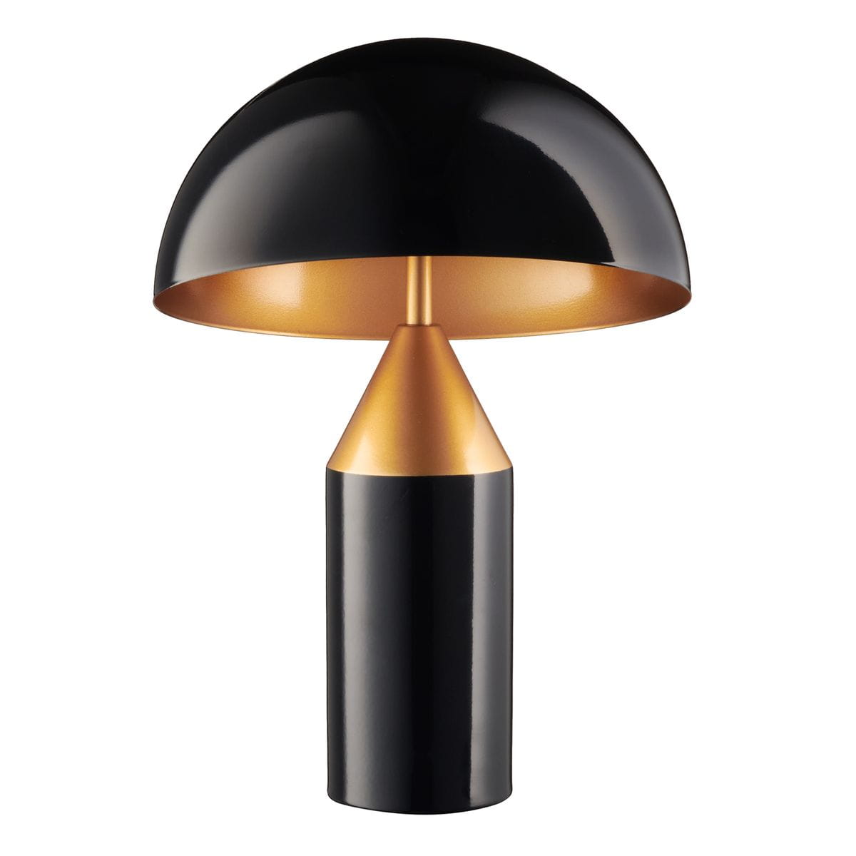 Lampa stołowa Belfugo H50 z podwójnym gniazdem E27, w kolorze czarnym z wnętrzem klosza w odcieniu złotym. Posiada cylindryczną podstawę oraz półkulisty klosz, stojąca na płaskiej powierzchni, w zbliżeniu.