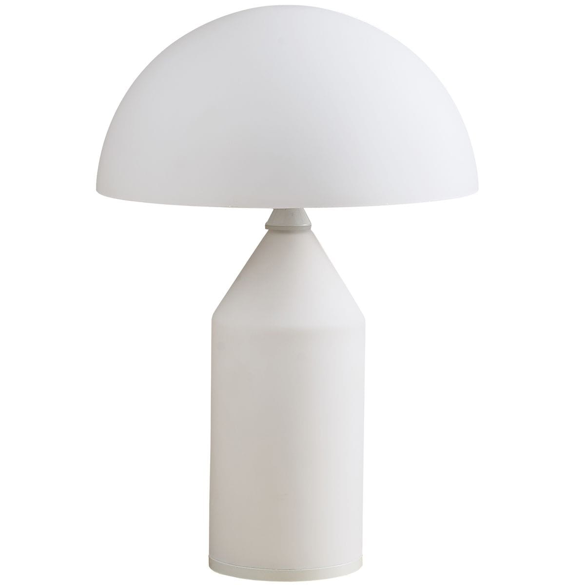 Lampa stołowa Belfugo H35 w kolorze białym, z kloszem w kształcie półkuli na cylindrycznej podstawie. Używa dwóch żarówek E27. Ujęcie frontalne, pokazujące pełny kształt i detale konstrukcji.