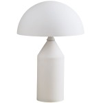 Lampa stołowa Belfugo H35 w kolorze białym, z kloszem w kształcie półkuli na cylindrycznej podstawie. Używa dwóch żarówek E27. Ujęcie frontalne, pokazujące pełny kształt i detale konstrukcji.