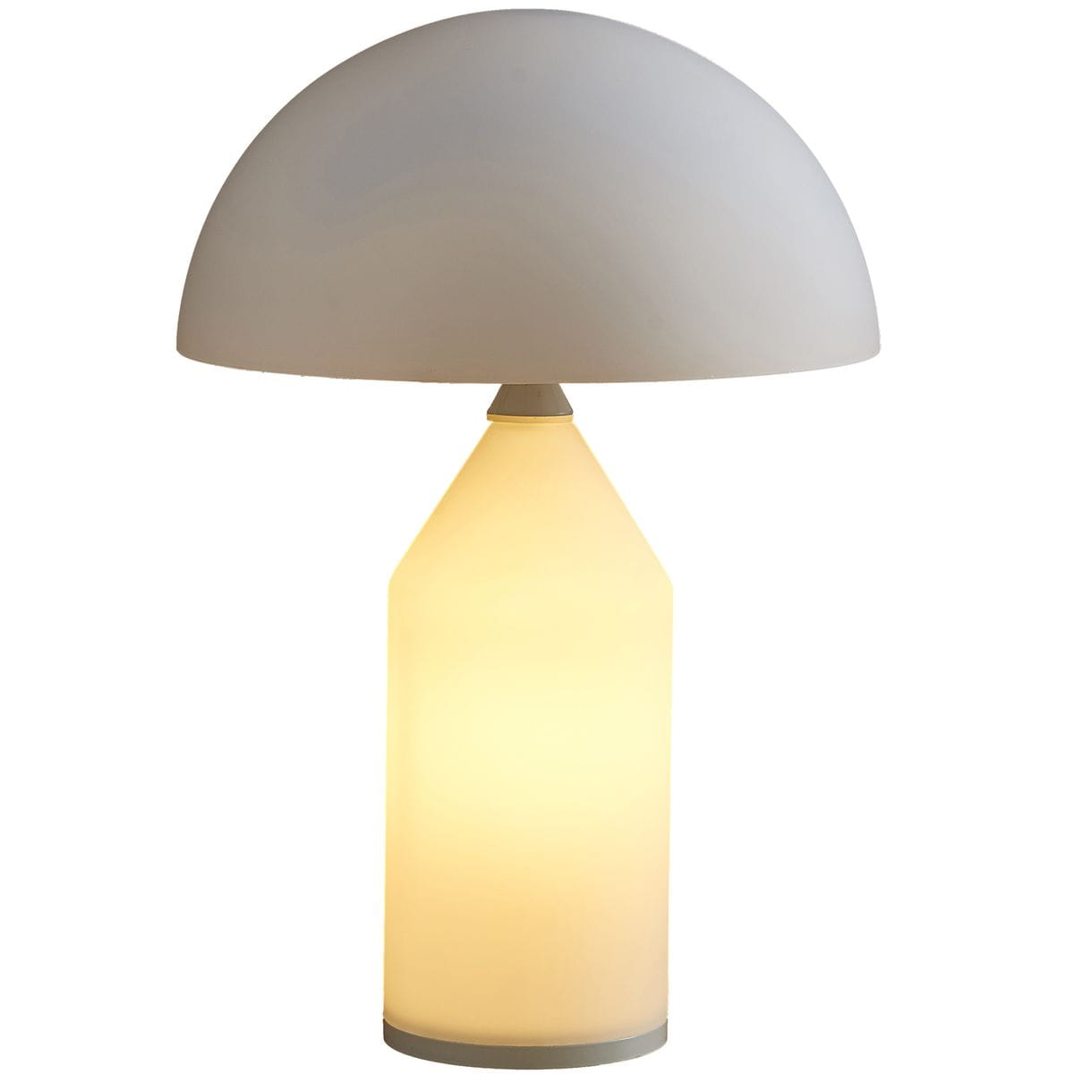 Lampa stołowa Belfugo H35 w białym kolorze, z kloszem w kształcie półkuli. Posiada podstawę o formie stożka, wykonana z matowego materiału. Zawiera dwa gniazda E27. Ujęcie frontalne, na jednolitym tle.