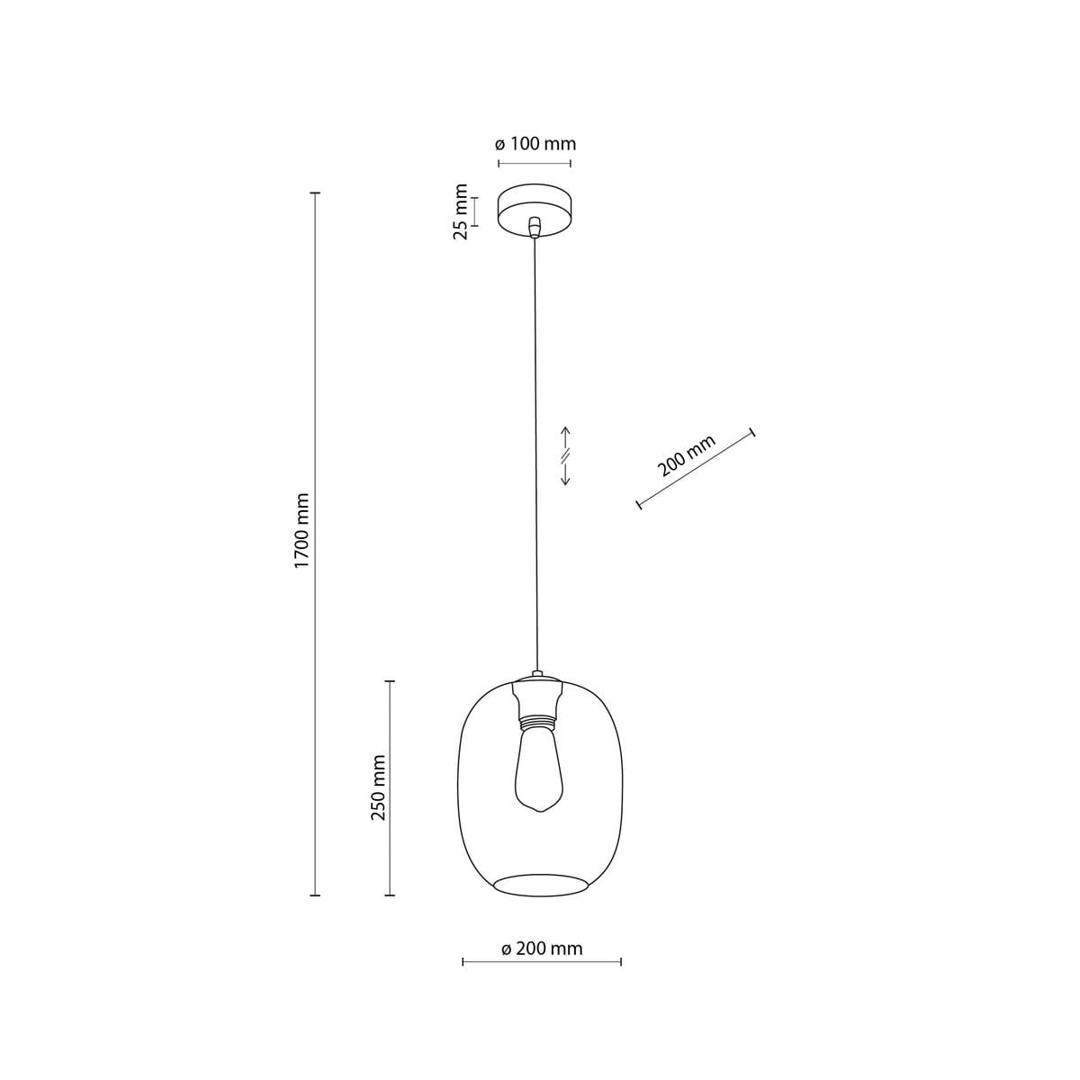Lampa wisząca Elio w kolorze grafitowym, z pojedynczym gniazdem E27. Okrągła, szklana klosz o średnicy 200 mm, zwisająca na dłoni 1700 mm. Prosty, nowoczesny design, idealna do różnych aranżacji wnętrz.