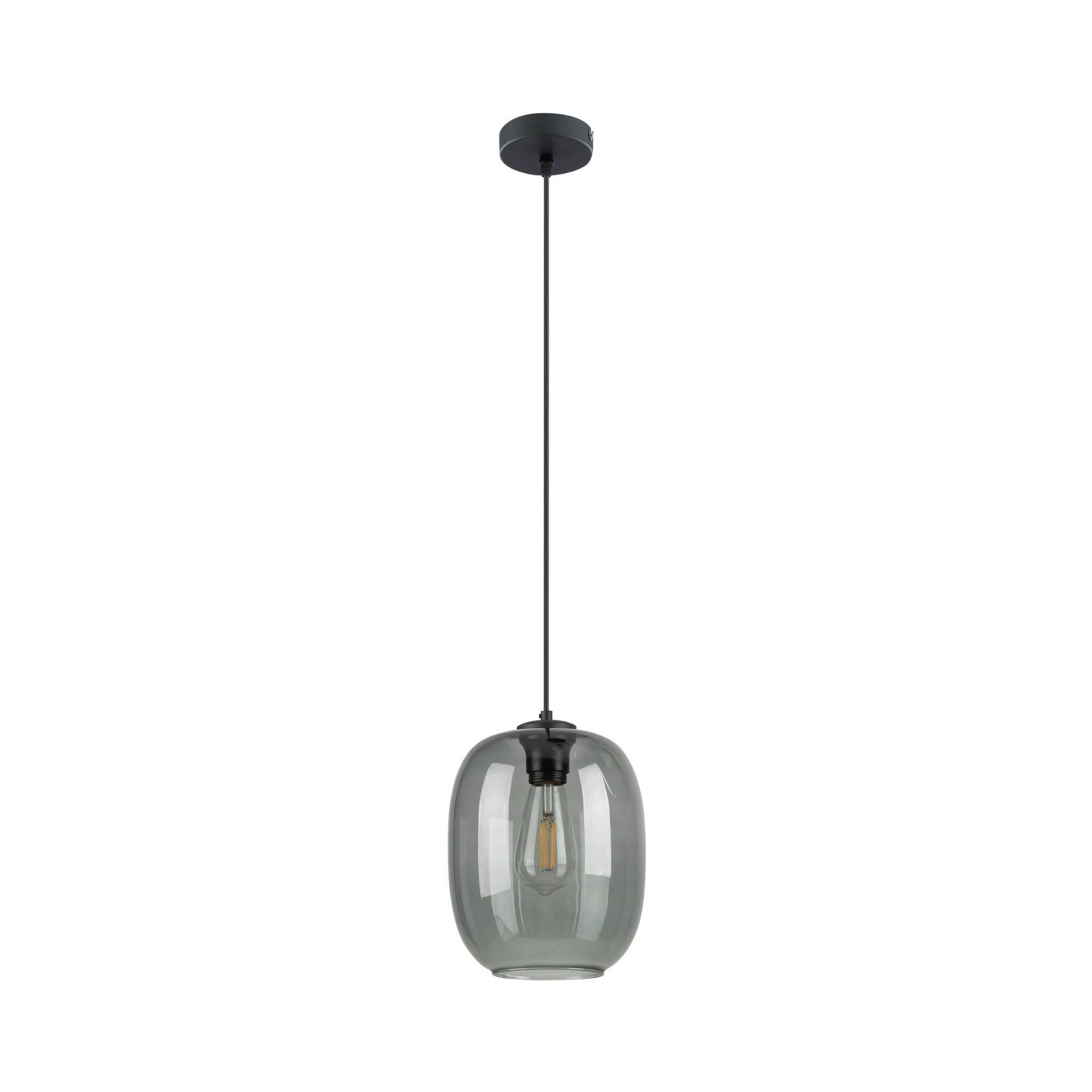 Lampa wisząca Elio w kolorze grafitowym, z przezroczystym kloszem w kształcie owalnym, zawieszona na cienkim, czarnym przewodzie. Widoczny gwint E27 wewnątrz klosza. Prosta konstrukcja, montowana do sufitu.