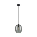 Lampa wisząca Elio w kolorze grafitowym, z przezroczystym kloszem w kształcie owalnym, zawieszona na cienkim, czarnym przewodzie. Widoczny gwint E27 wewnątrz klosza. Prosta konstrukcja, montowana do sufitu.