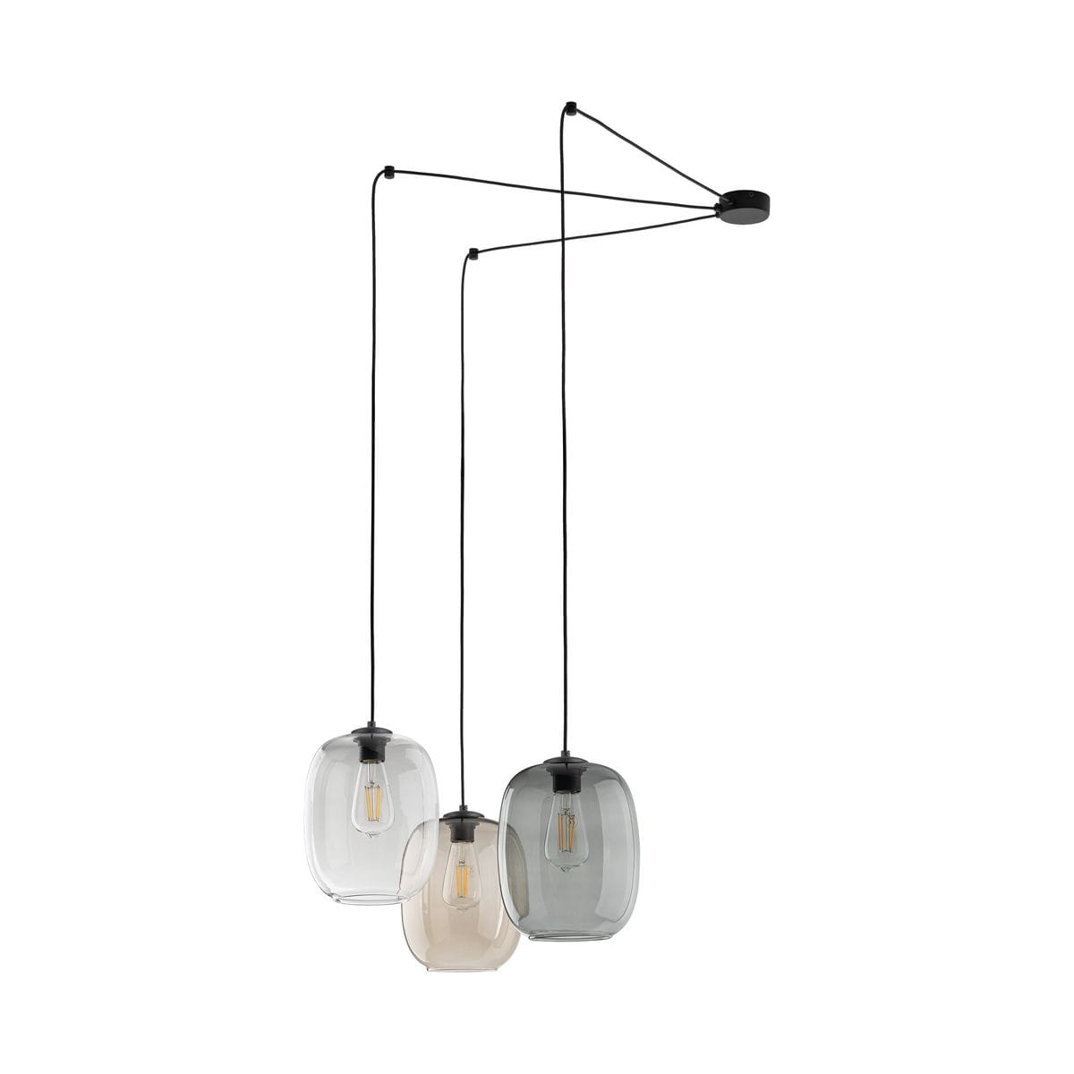 Lampa wisząca Elio 3xE27 w kolorze czarnym z trzema zwisającymi kloszami: przezroczystym, szarym i beżowym. Klosze mają owalny kształt, a całość jest zawieszona na czarnych przewodach. Idealna do nowoczesnych wnętrz.