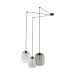 Lampa wisząca Elio 3xE27 w kolorze czarnym z trzema zwisającymi kloszami: przezroczystym, szarym i beżowym. Klosze mają owalny kształt, a całość jest zawieszona na czarnych przewodach. Idealna do nowoczesnych wnętrz.