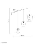 Lampa wisząca Elio 3xE27 w kolorze czarnym z multikolorowymi kloszami. Ułożona poziomo, z trzema okrągłymi kloszami o średnicy 200 mm, zawieszona na prostokątnej podstawie. Wysokość całkowita 2000 mm, długość 4000 mm.