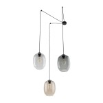 Lampa wisząca Elio z trzema kloszami w różnych odcieniach (przezroczysty, szary, brązowy), zawieszona na czarnych przewodach. Klosze mają okrągły kształt, a źródło światła E27 jest widoczne wewnątrz każdego z nich.