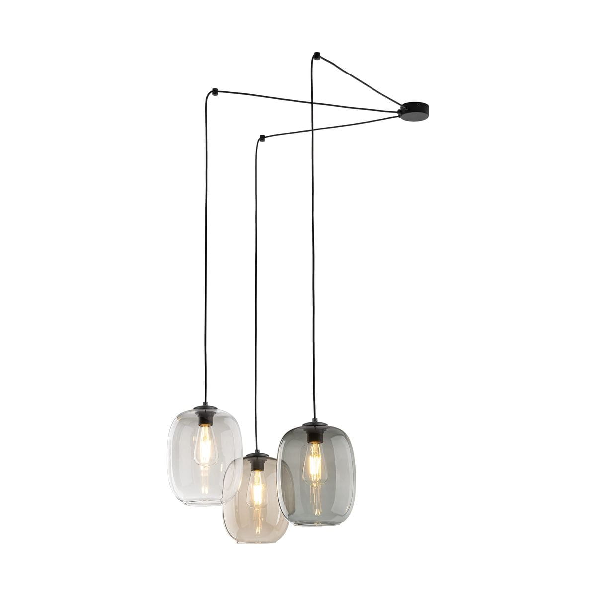 Lampa wisząca Elio z trzema kloszami w kształcie prostokątnym, wykonanymi z przezroczystego szkła w różnych odcieniach, zawieszona na czarnych kablach. Wyposażona w gniazda E27, montowana sufitowo.