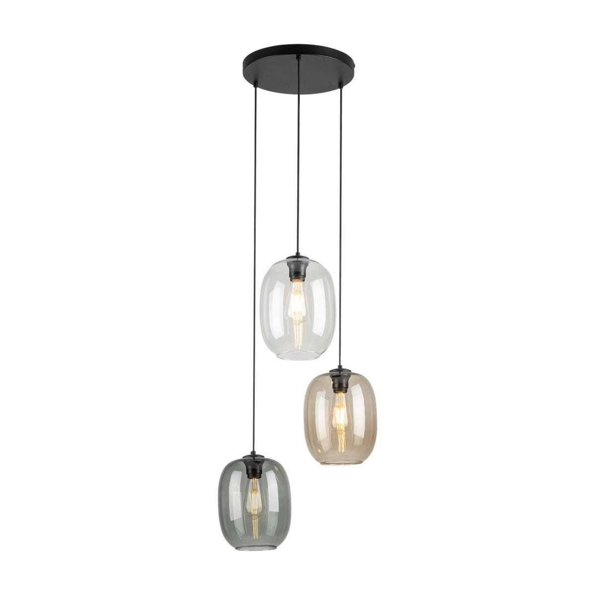 Lampa wisząca Elio z trzema kloszami w różnych kolorach: przezroczystym, szarym i brązowym, zawieszona na czarnych linkach. Klosze mają owalny kształt, a źródła światła E27 są widoczne w środku. Montaż sufitowy z czarną podsufitką.