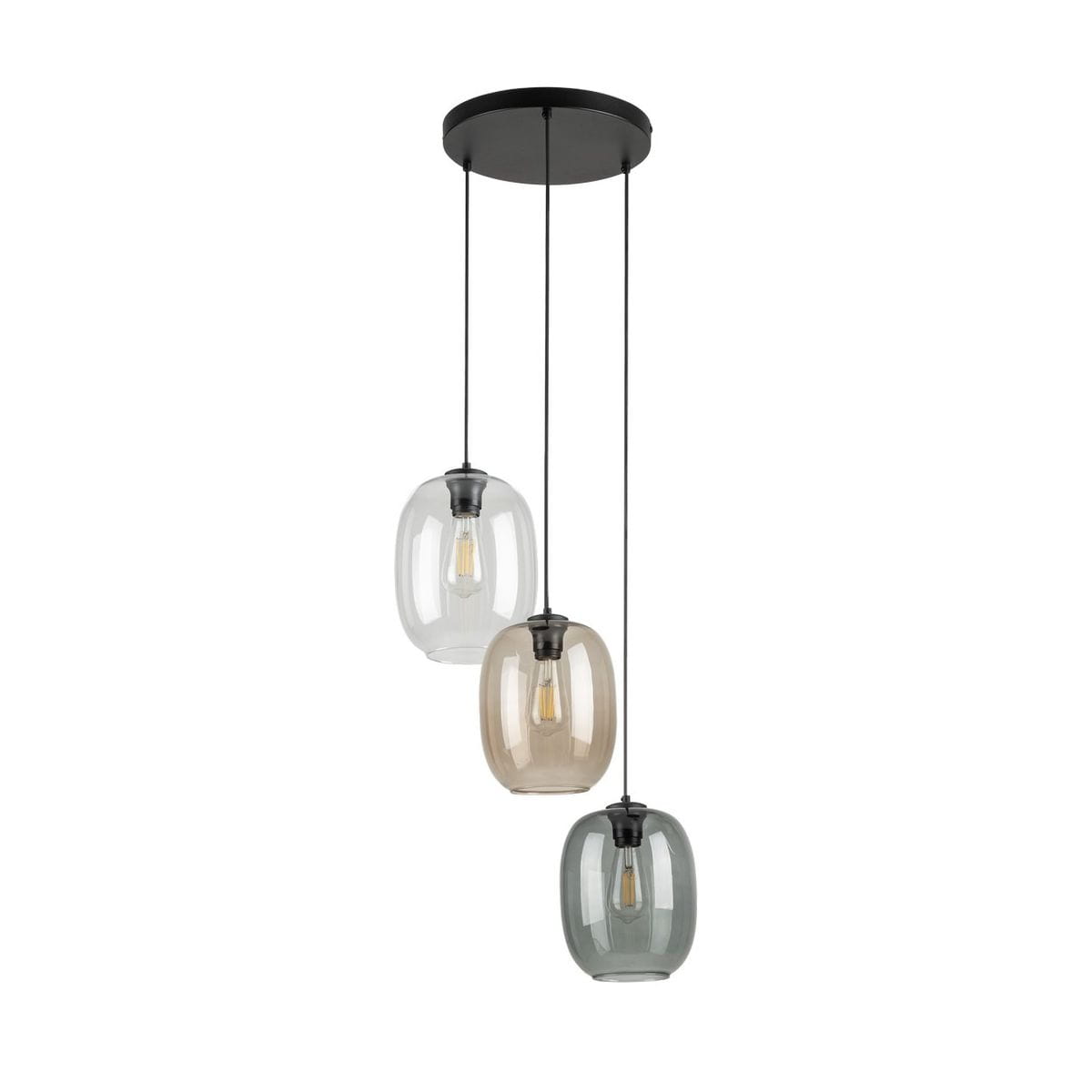 Lampa wisząca Elio 3xE27 w kolorze czarnym z trzema kloszami w odcieniach przezroczystym, brązowym i szarym. Klosze o zaokrąglonym kształcie zawieszone na czarnych przewodach, montowane do sufitowej podstawy.