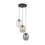 Lampa wisząca Elio 3xE27 w kolorze czarnym z trzema kloszami w odcieniach przezroczystym, brązowym i szarym. Klosze o zaokrąglonym kształcie zawieszone na czarnych przewodach, montowane do sufitowej podstawy.