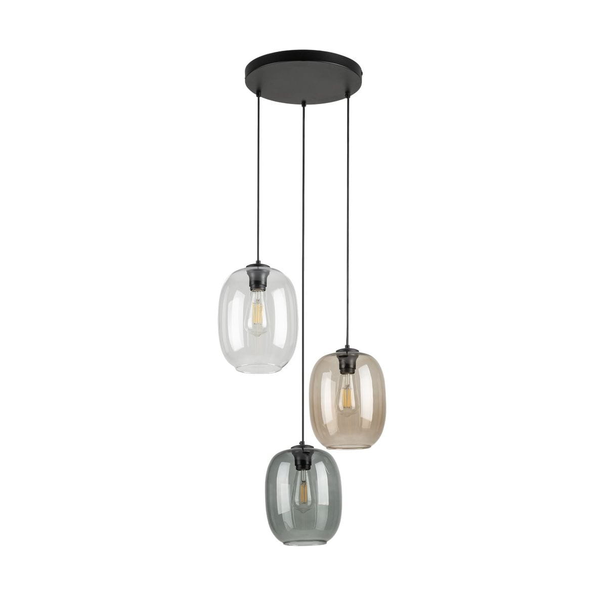 Lampa wisząca Elio z trzema kloszami w kolorach przezroczystym, szarym i brązowym, zawieszona na czarnych linkach z okrągłą podstawą. Klosze mają owalny kształt i są przeznaczone na żarówki E27.