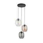 Lampa wisząca Elio z trzema kloszami w kolorach przezroczystym, szarym i brązowym, zawieszona na czarnych linkach z okrągłą podstawą. Klosze mają owalny kształt i są przeznaczone na żarówki E27.