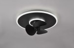 Czarna lampa sufitowa z wentylatorem, wyposażona w trzy łopaty i pierścień LED. Widok z dołu, ukazujący okrągłą podstawę i subtelne podświetlenie. Produkt idealny do nowoczesnych wnętrz, z pilotem do zdalnego sterowania.