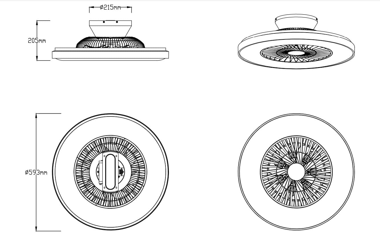 Lampa sufitowa Halmstad z wentylatorem, czarna, o średnicy 593 mm i wysokości 205 mm. Wyposażona w pilot, źródło światła LED 38W. Widok z góry i z boku, pokazujący wentylator i okrągłą podstawę.