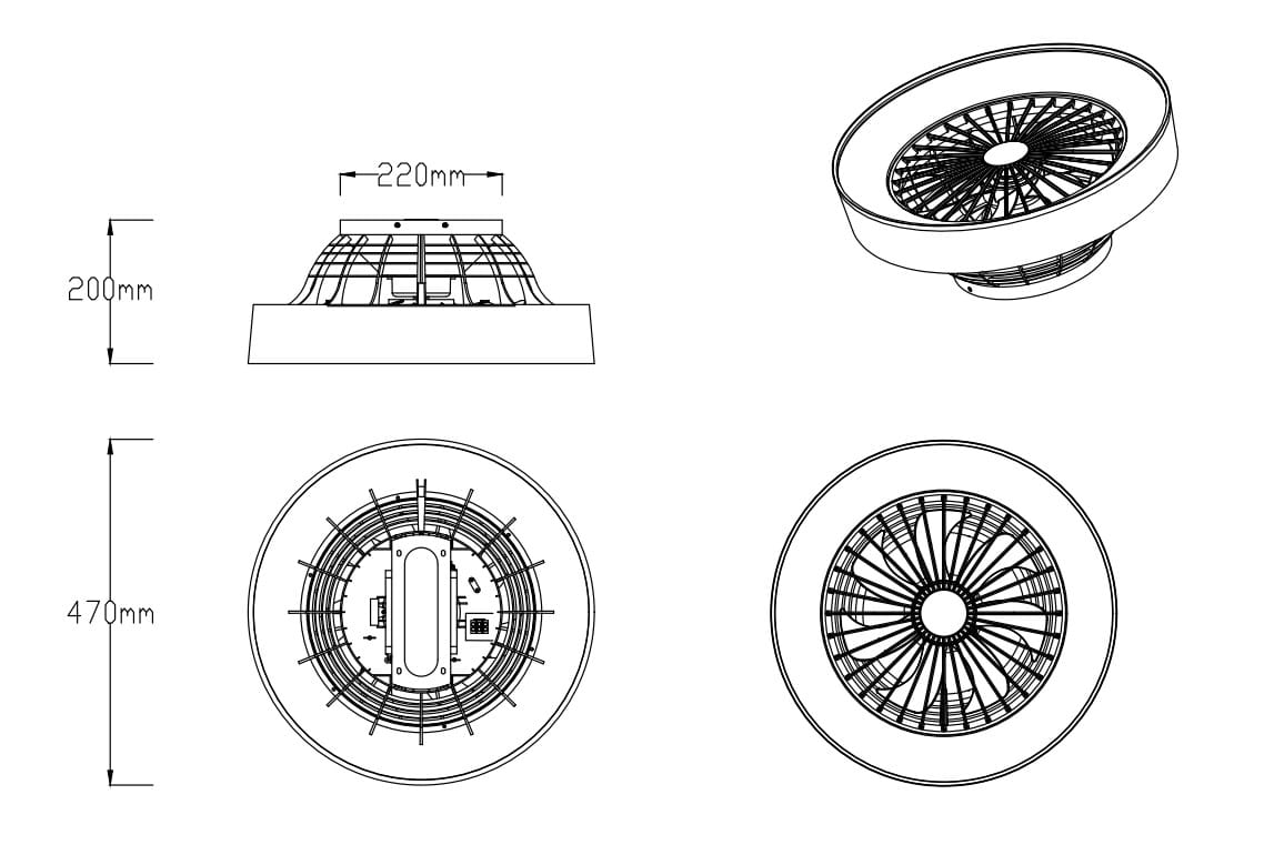 Lampa sufitowa Farsund z wentylatorem, w kolorze grafitowym. Wymiary: średnica 470 mm, wysokość 200 mm. Zawiera jedną żarówkę LED o mocy 30W. Ujęcie z góry, ukazujące wentylator i detale konstrukcji.