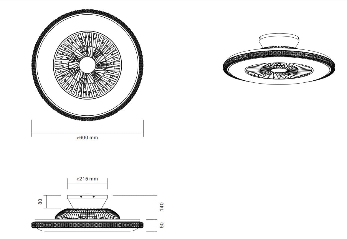 Lampa sufitowa Harstad z wentylatorem, biała z chromowanymi detalami. Okrągła, średnica 600 mm, wysokość 80 mm. Zdalne sterowanie, zintegrowane 1xLED/38W. Widok z góry i z boku, podkreślający układ wentylatora wewnątrz.