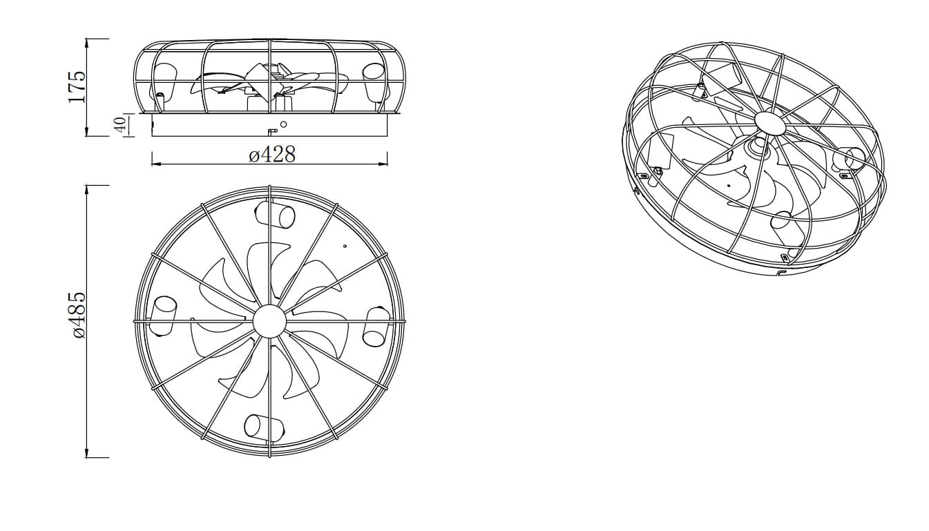 Trondheim lampa sufitowa 4-punktowa z wentylatorem, w kolorze czarnym i brązowym. Okrągły kształt, z widocznym wentylatorem wewnątrz, w metalowej osłonie. Wymiary: średnica 485 mm, wysokość 175 mm. Z pilotem do zdalnego sterowania.