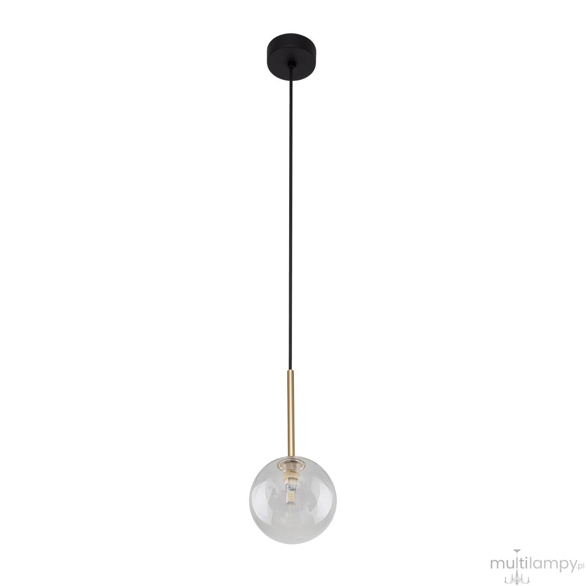 Lampa wisząca Nilos z jedną oprawą G9, czarna z przezroczystym kloszem. Klosz w kształcie kuli zawieszony na cienkim czarnym przewodzie, z metalowym elementem w kolorze złotym, montowana sufitowo. Prosta forma, idealna do nowoczesnych wnętrz.