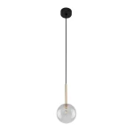 Lampa wisząca Nilos z jedną oprawą G9, czarna z przezroczystym kloszem. Klosz w kształcie kuli zawieszony na cienkim czarnym przewodzie, z metalowym elementem w kolorze złotym, montowana sufitowo. Prosta forma, idealna do nowoczesnych wnętrz.