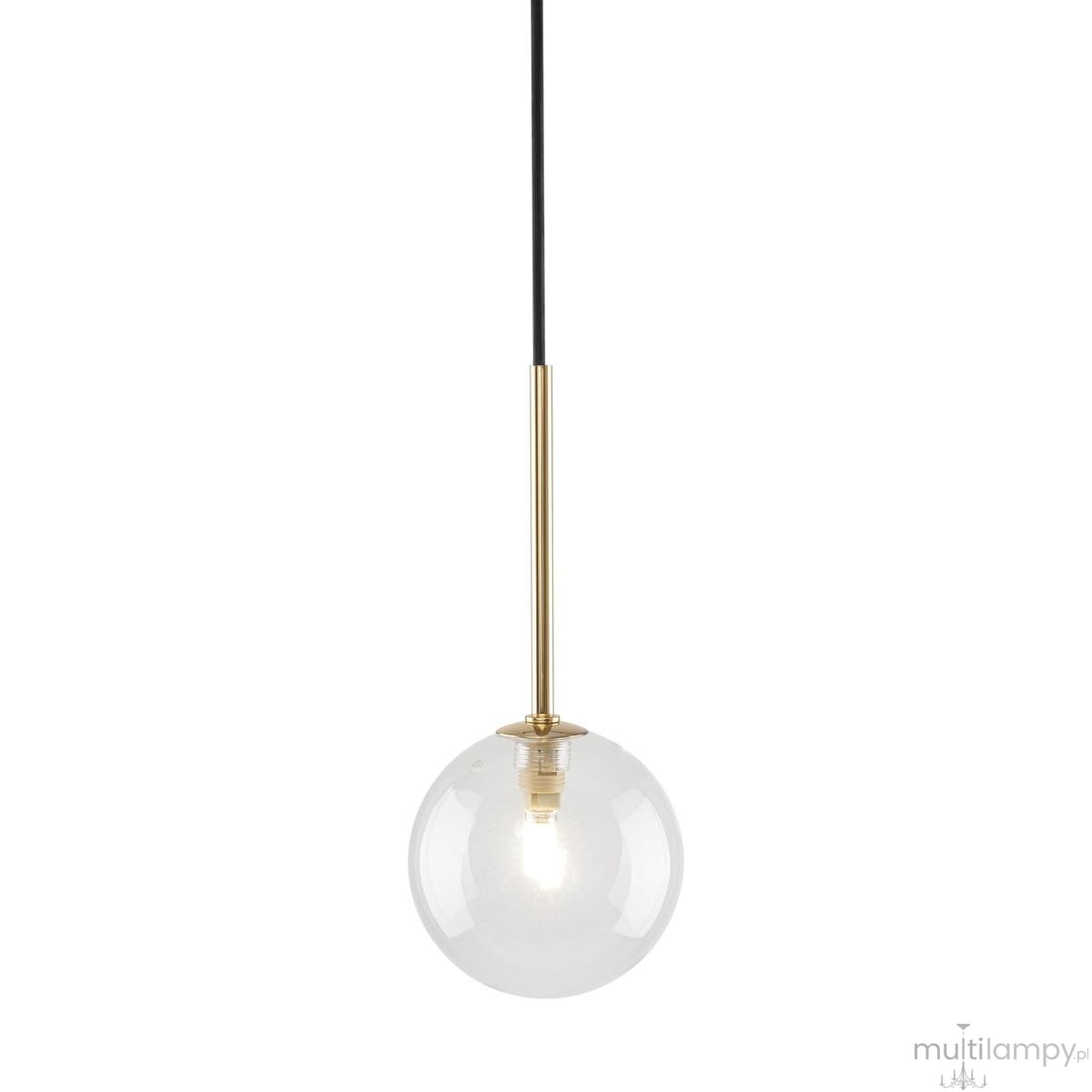 Lampa wisząca Nilos 1xG9 w kolorze czarnym i transparentnym, z okrągłym kloszem ze szkła, umieszczona na złotej podstawie. Oświetlenie zwisające z cienkiego, czarnego kabla. Przeznaczona do nowoczesnych wnętrz.