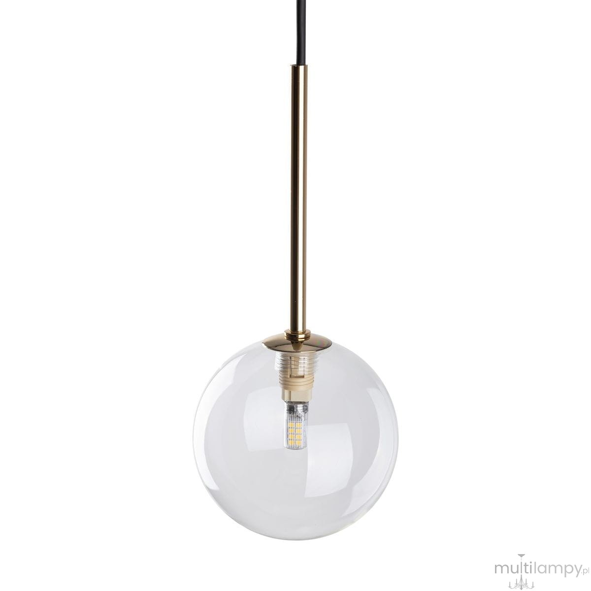 Lampa wisząca Nilos 1xG9 w kolorze czarnym i transparentnym, z okrągłym, szklanym kloszem i metalowym uchwytem w kolorze złotym. Produkt zawieszony na czarnym przewodzie, z widocznym źródłem światła wewnątrz klosza.