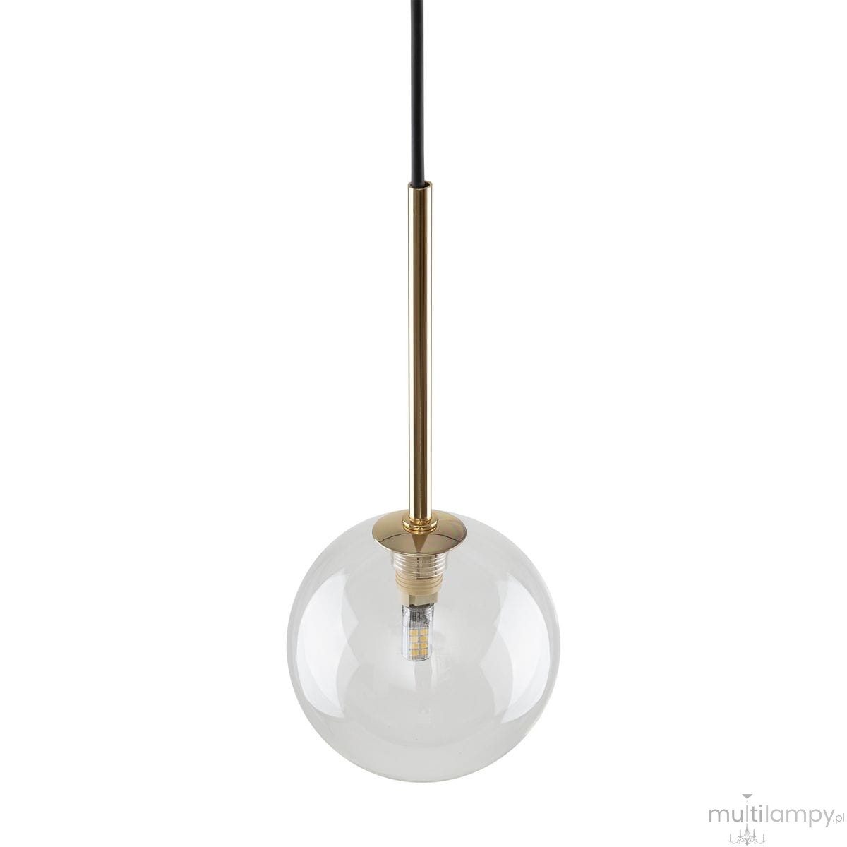 Czarna, wisząca lampa Nilos z transparentnym kloszem w kształcie kuli. Wykonana z metalu i szkła, z złotym detalem przy oprawie. Zawieszona na cienkim czarnym kablu, z widoczną żarówką G9 w środku.