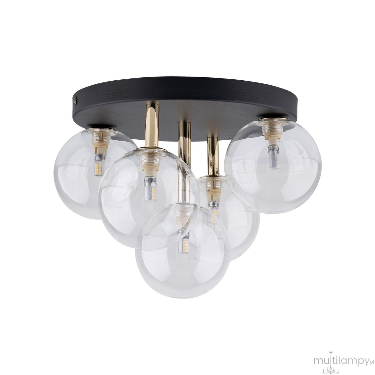 Lampa sufitowa Nilos z pięcioma oprawami G9, z czarnym metalowym stelażem i przezroczystymi kulistymi kloszami. Ujęcie z góry, ukazujące sposób mocowania kloszy oraz ich błyszczące wykończenie. Idealna do nowoczesnych wnętrz.