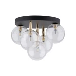 Lampa sufitowa Nilos z pięcioma oprawami G9, z czarnym metalowym stelażem i przezroczystymi kulistymi kloszami. Ujęcie z góry, ukazujące sposób mocowania kloszy oraz ich błyszczące wykończenie. Idealna do nowoczesnych wnętrz.