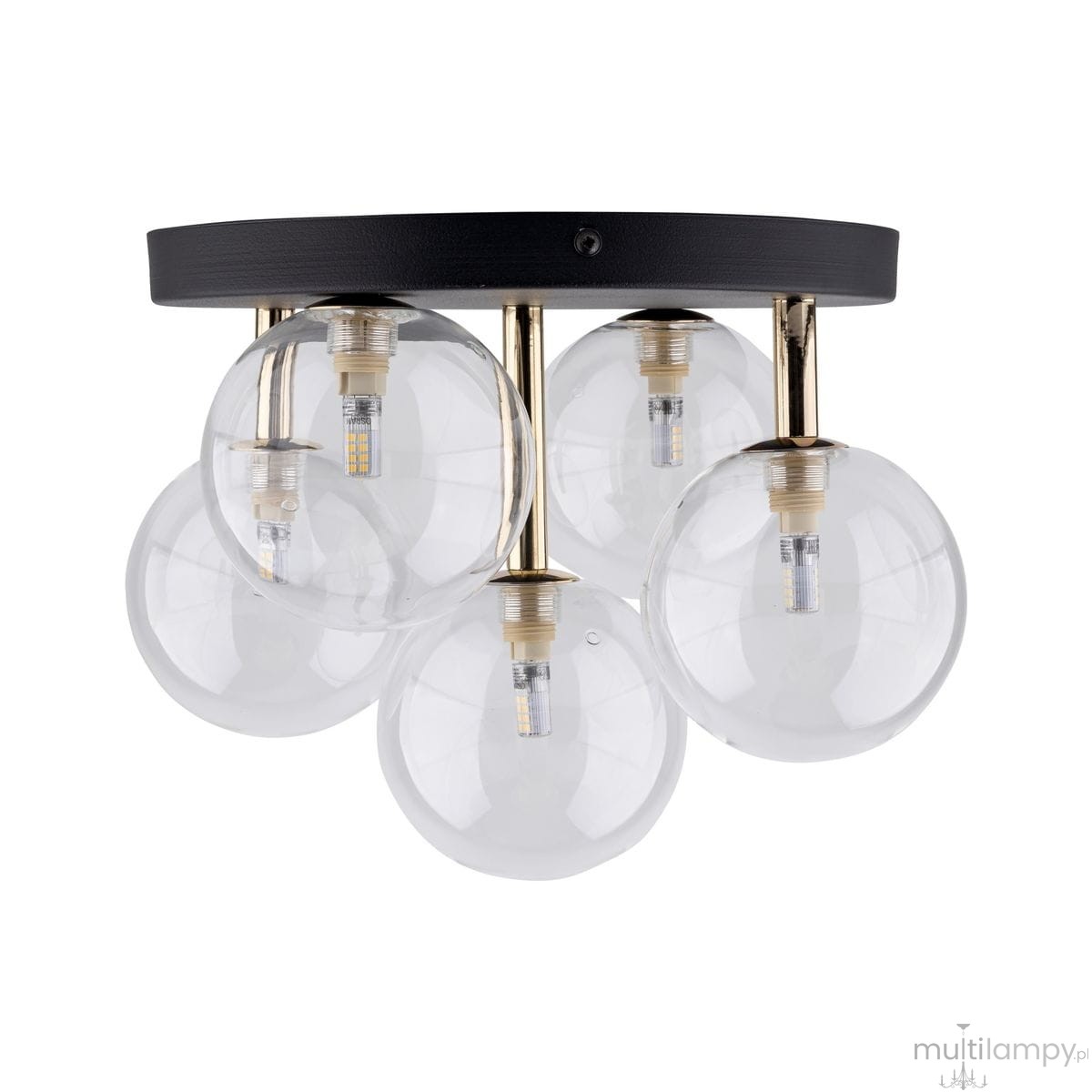 Czarna lampa sufitowa Nilos z pięcioma przezroczystymi kulistymi kloszami, zamontowana na okrągłej podstawie. Klosze wykonane ze szkła, z widocznymi oprawkami G9. Lampa ma nowoczesny, minimalistyczny design, idealna do różnych wnętrz.
