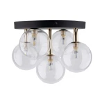 Czarna lampa sufitowa Nilos z pięcioma przezroczystymi kulistymi kloszami, zamontowana na okrągłej podstawie. Klosze wykonane ze szkła, z widocznymi oprawkami G9. Lampa ma nowoczesny, minimalistyczny design, idealna do różnych wnętrz.