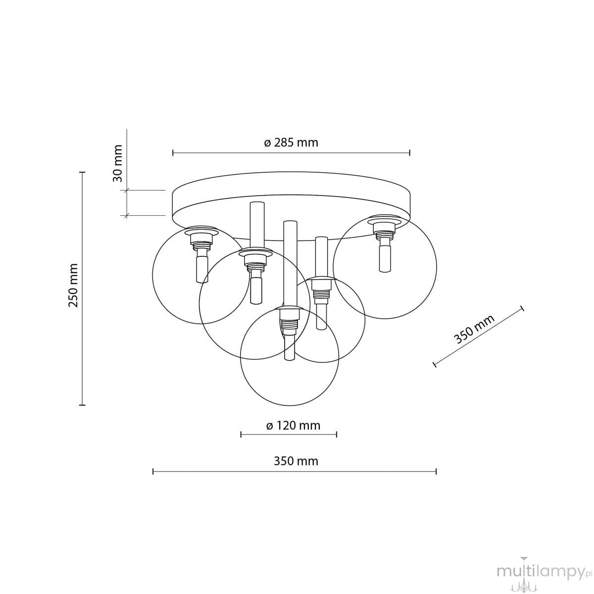 Lampa sufitowa Nilos 5xG9 w kolorze czarnym i transparentnym. Okrągła podstawa o średnicy 285 mm, pięć szklanych kloszy o średnicy 120 mm, zawieszona na wysokości 250 mm. Prosty, nowoczesny design.