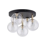 Lampa sufitowa Nilos z pięcioma oprawami G9, czarna podstawa z metalowymi detalami w kolorze złota, przezroczyste, okrągłe klosze. Ujęcie od dołu, pokazujące konstrukcję i rozmieszczenie kloszy.