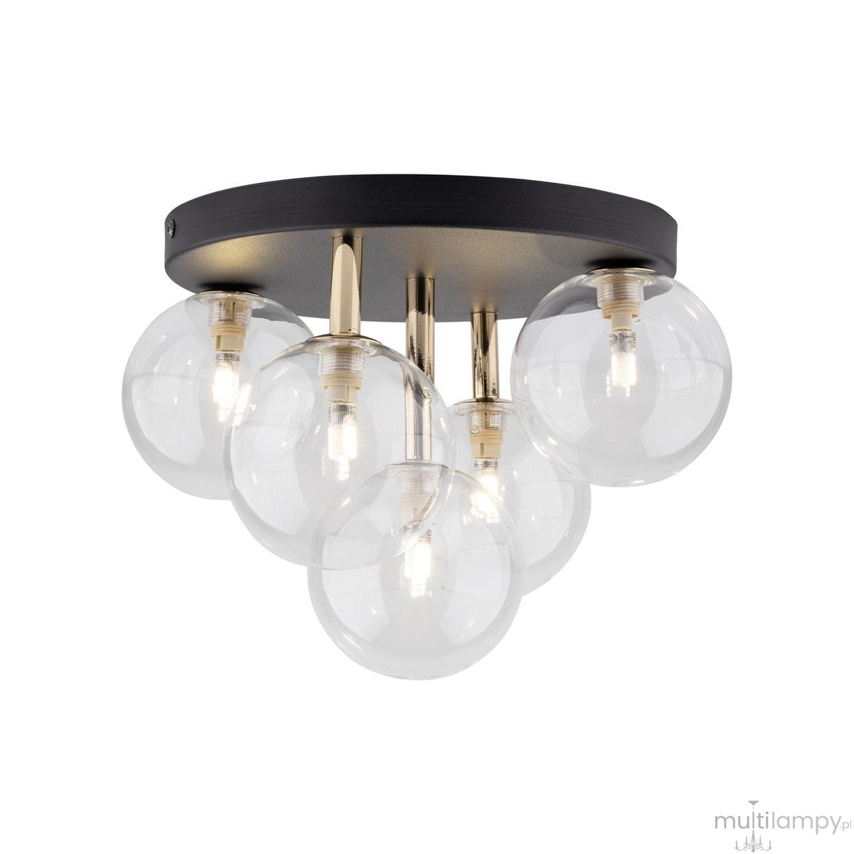 Lampa sufitowa Nilos z pięcioma żarówkami G9, z czarnym metalowym stelażem i przezroczystymi szklanymi kloszami. Ujęcie z dołu, pokazujące kształt i rozmieszczenie kloszy oraz złote elementy mocujące.