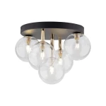 Lampa sufitowa Nilos z pięcioma żarówkami G9, z czarnym metalowym stelażem i przezroczystymi szklanymi kloszami. Ujęcie z dołu, pokazujące kształt i rozmieszczenie kloszy oraz złote elementy mocujące.
