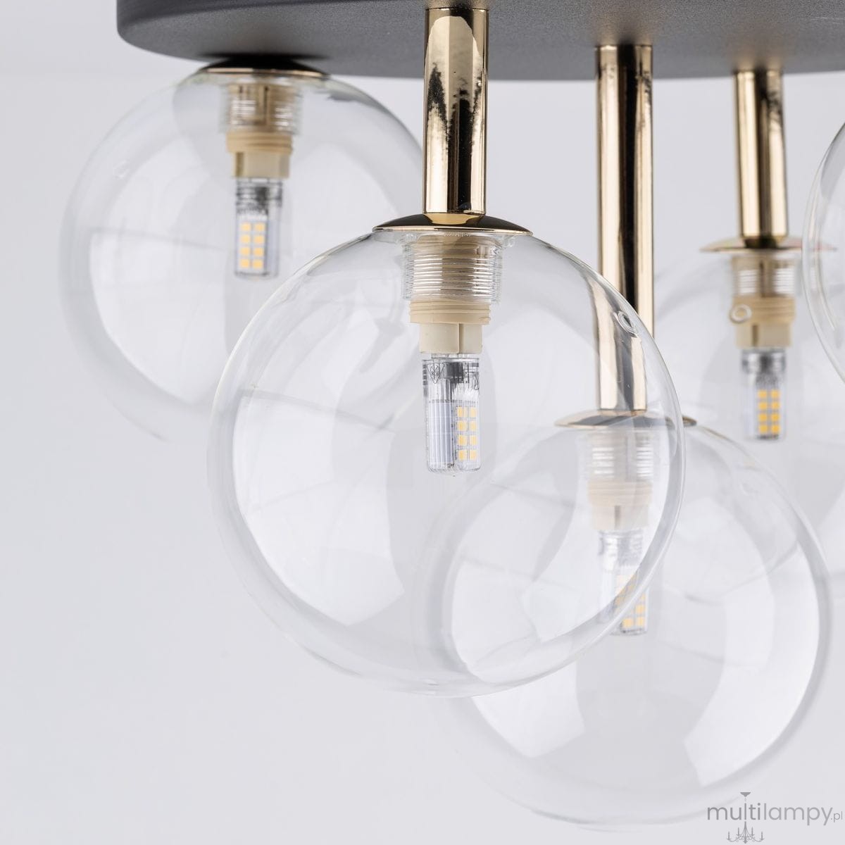 Lampa sufitowa Nilos z pięcioma kloszami w kształcie kul, wykonana z transparentnego szkła. Elementy montażowe w kolorze czarnym z złotymi akcentami. Widoczne źródła światła G9 w przezroczystych kloszach. Ujęcie z bliska, pod kątem.