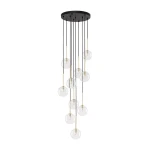 Lampa wisząca Nilos z 10 źródłami światła G9, zawieszona na długich, czarnych linkach. Szklane klosze w kształcie kul, z elementami w kolorze złotym. Montaż sufitowy, nowoczesny design, idealna do różnych aranżacji wnętrz.