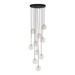 Lampa wisząca Nilos z 10 żarówkami G9, czarna podstawa z okrągłym sufitem. Przezroczyste kuliste klosze zawieszone na złotych prętach, różnej długości, w eleganckim układzie. Nowoczesny design, idealna do wnętrz.