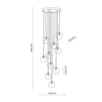 Lampa wisząca Nilos z 10 źródłami światła G9, czarna podstawa z przezroczystymi kulami. Wymiary: średnica 420 mm, wysokość 1450 mm. Produkt w pozycji wiszącej, z równomiernie rozmieszczonymi elementami świetlnymi.