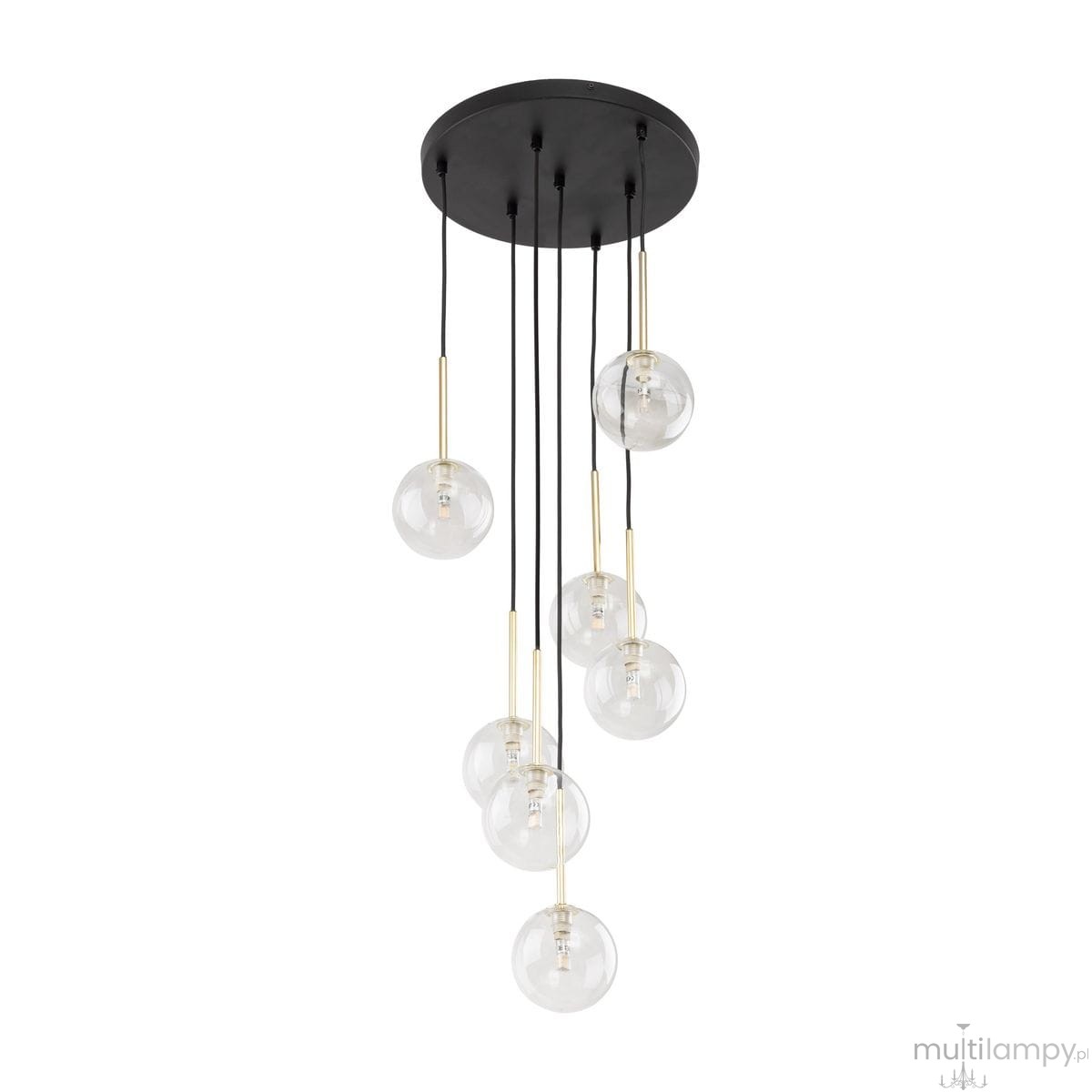 Lampa wisząca Nilos z siedmioma przezroczystymi kloszami w kształcie kul, zawieszona na czarnych przewodach z metalowymi elementami w kolorze złotym. Montaż sufitowy, nowoczesny design.