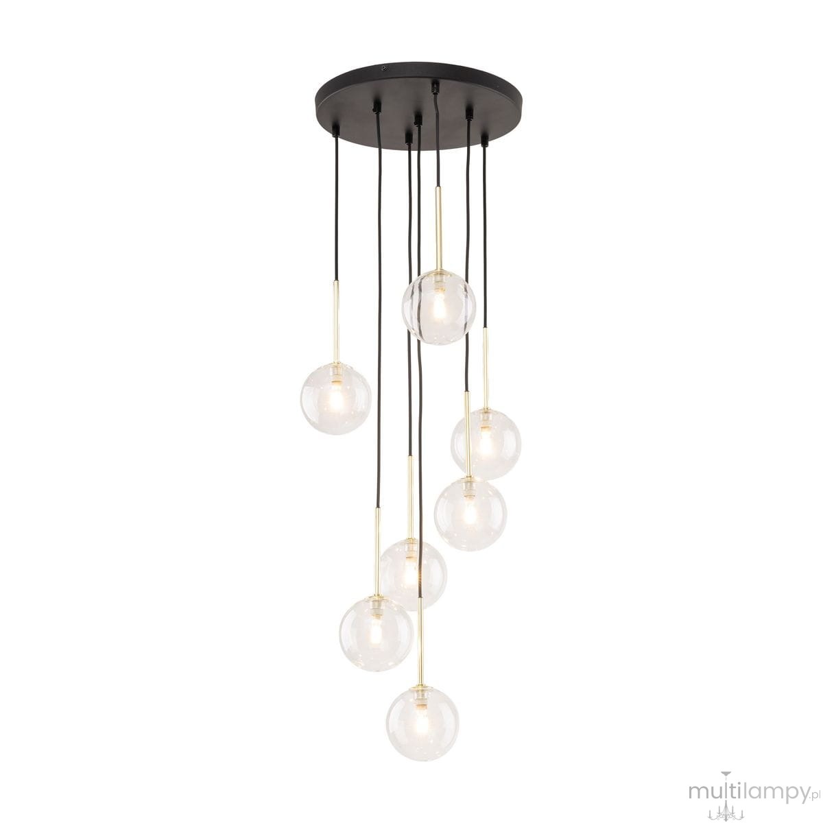Lampa wisząca Nilos z siedmioma kulistymi kloszami G9, czarna podstawa z metalowymi linkami. Klosze w odcieniu transparentnym, o różnej wysokości, zawieszone z sufitu. Prosty, nowoczesny design.