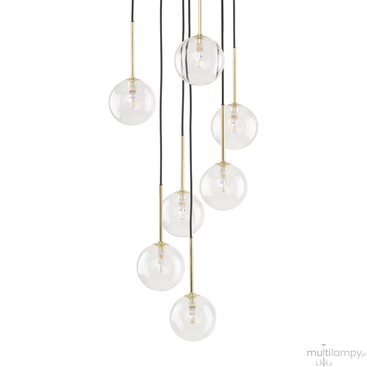 Lampa wisząca Nilos z siedmioma kulistymi kloszami, wykonanymi z przezroczystego szkła, zawieszona na czarnych przewodach. Klosze osadzone na złotych, metalowych uchwytach, w różnych długościach. Idealna do nowoczesnych wnętrz.