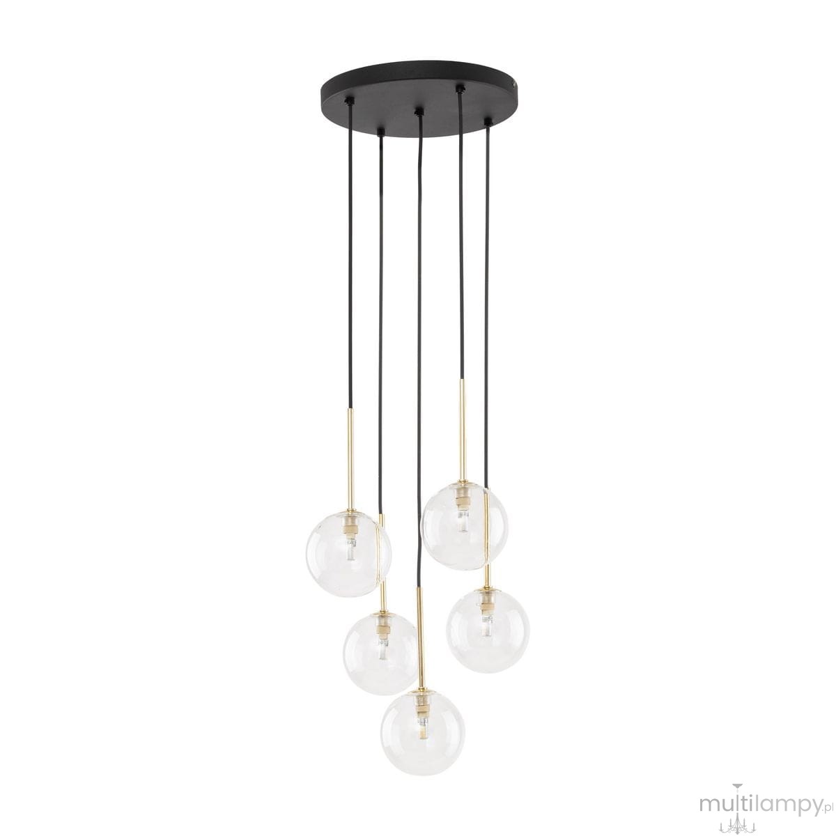 Lampa wisząca Nilos z pięcioma przezroczystymi kulami, zawieszona na czarnych przewodach. Kula ma złote mocowania, całość montowana na okrągłej, czarnej podstawie sufitowej. Wysoka estetyka, idealna do nowoczesnych wnętrz.