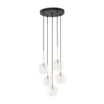 Lampa wisząca Nilos z pięcioma przezroczystymi kulami, zawieszona na czarnych przewodach. Kula ma złote mocowania, całość montowana na okrągłej, czarnej podstawie sufitowej. Wysoka estetyka, idealna do nowoczesnych wnętrz.