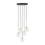 Lampa wisząca Nilos z pięcioma przezroczystymi kulami zawieszonymi na czarnych przewodach, z metalowymi złotymi elementami. Okrągła podstawka w kolorze czarnym. Zawieszona w pionie, idealna do nowoczesnych wnętrz.