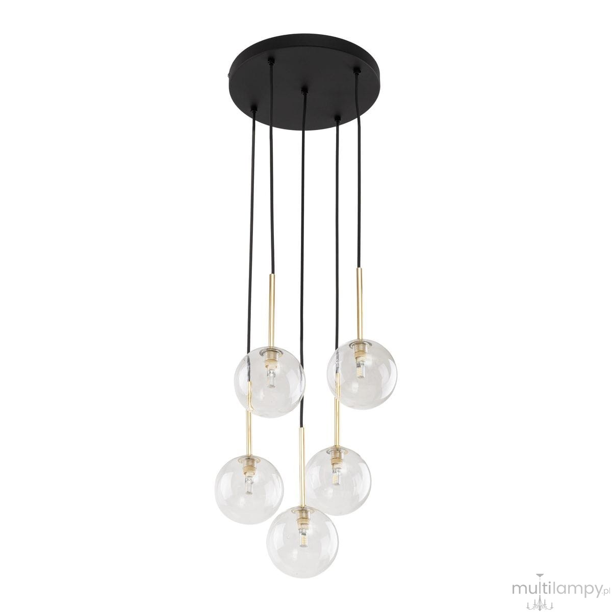 Lampa wisząca Nilos z pięcioma szklanymi kulami, czarna podstawa z transparentnymi kloszami, zawieszona na długich czarnych przewodach. Widoczny złoty detal na mocowaniach. Produkt w pozycji wiszącej, na jasnym tle.