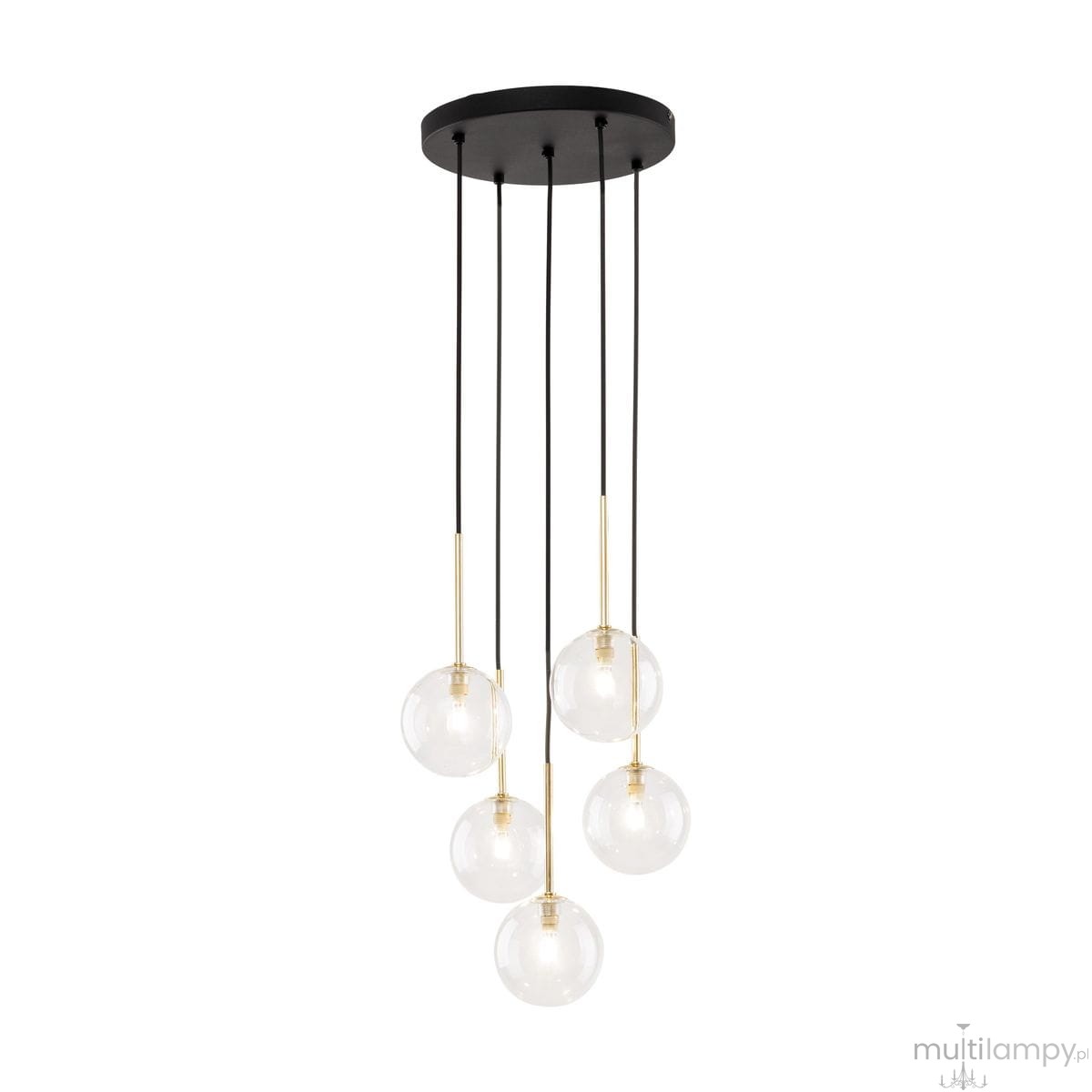 Lampa wisząca Nilos z pięcioma przezroczystymi kulami na czarnych przewodach, zawieszona na okrągłej podstawie. Elementy metalowe w kolorze złotym. Idealna do nowoczesnych wnętrz.